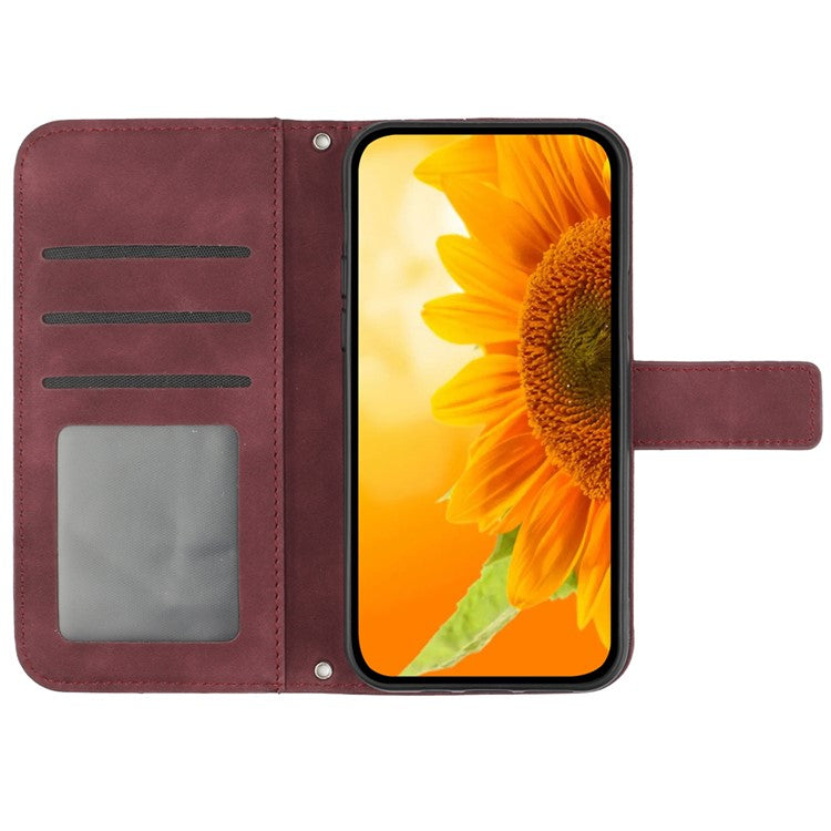 HT04 Wallet Phone Case for OnePlus 12 5G PU Leather Sunflower Pattern Cover with Wrist Strap - Wine Red
