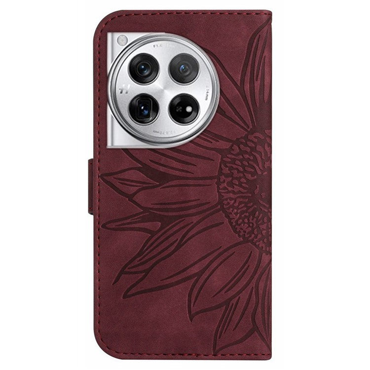 HT04 Wallet Phone Case for OnePlus 12 5G PU Leather Sunflower Pattern Cover with Wrist Strap - Wine Red
