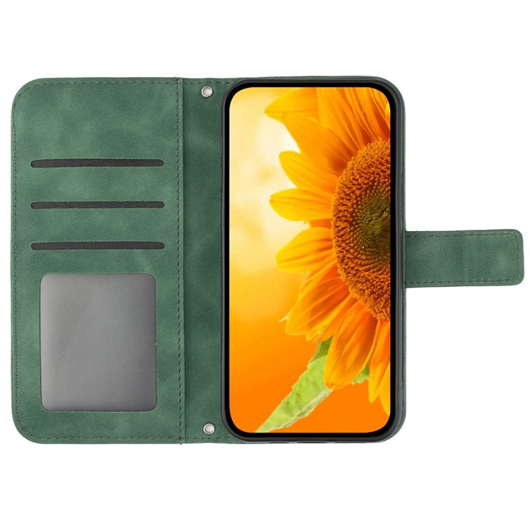 HT04 Wallet Phone Case for OnePlus 12 5G PU Leather Sunflower Pattern Cover with Wrist Strap - Dark Green