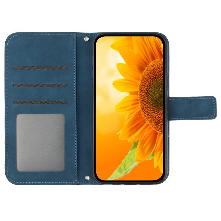 HT04 Wallet Phone Case for OnePlus 12 5G PU Leather Sunflower Pattern Cover with Wrist Strap - Dark Blue
