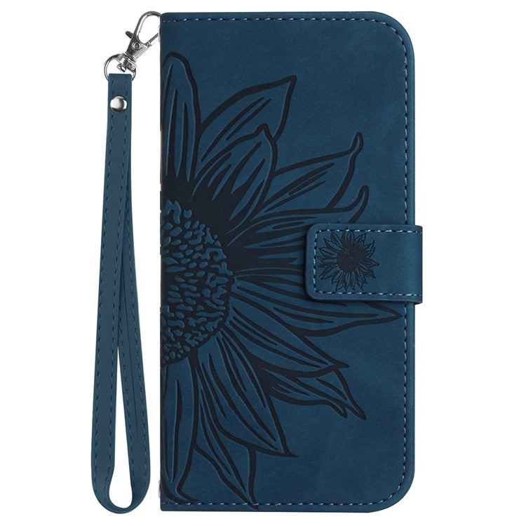 HT04 Wallet Phone Case for OnePlus 12 5G PU Leather Sunflower Pattern Cover with Wrist Strap - Dark Blue