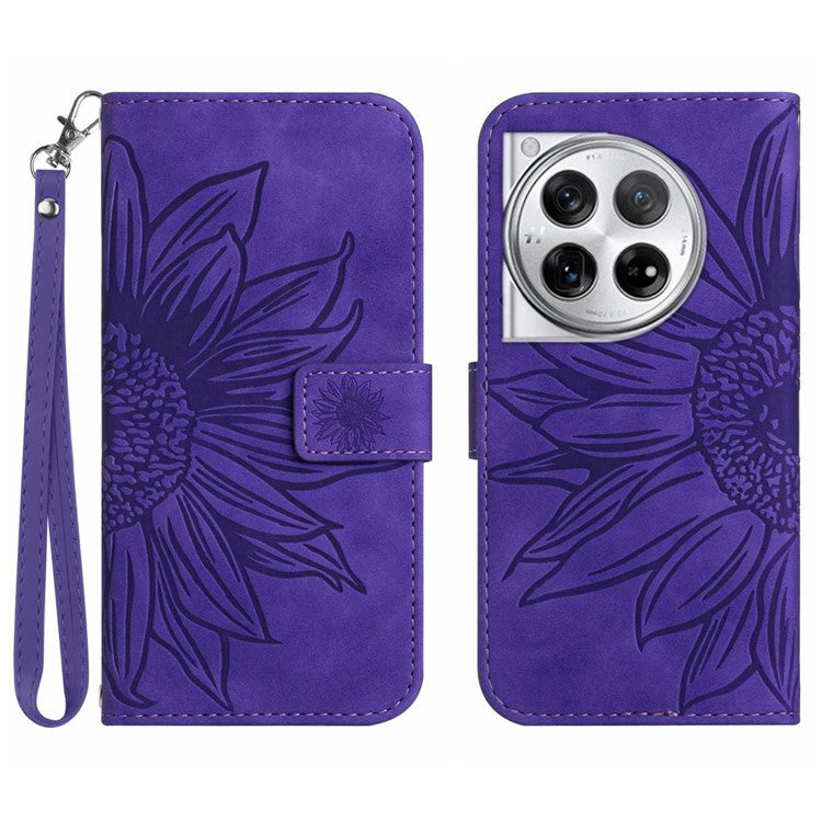 HT04 Wallet Phone Case for OnePlus 12 5G PU Leather Sunflower Pattern Cover with Wrist Strap - Dark Purple