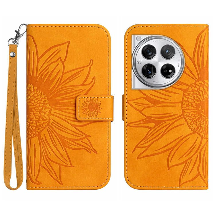 HT04 Wallet Phone Case for OnePlus 12 5G PU Leather Sunflower Pattern Cover with Wrist Strap - Yellow