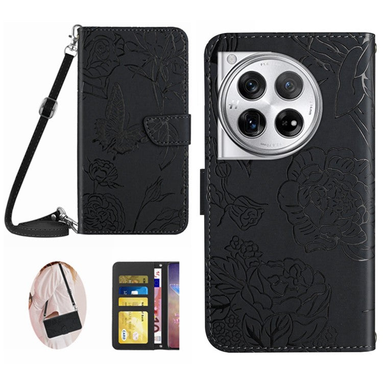 HT03 For OnePlus 12 5G PU Leather Phone Case Butterfly Flower Cover with Shoulder Strap - Black