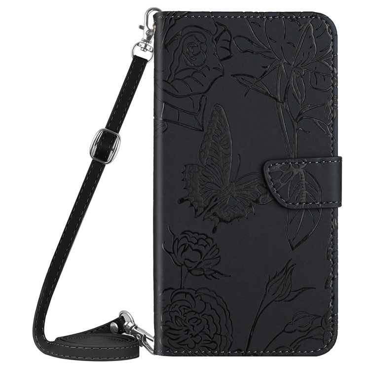 HT03 For OnePlus 12 5G PU Leather Phone Case Butterfly Flower Cover with Shoulder Strap - Black
