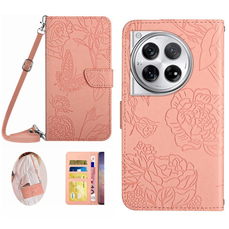 HT03 For OnePlus 12 5G PU Leather Phone Case Butterfly Flower Cover with Shoulder Strap - Pink