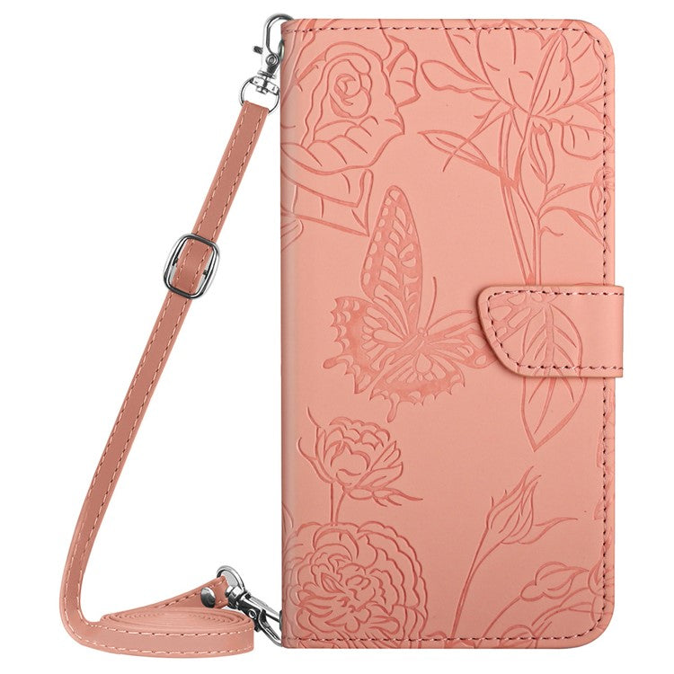 HT03 For OnePlus 12 5G PU Leather Phone Case Butterfly Flower Cover with Shoulder Strap - Pink