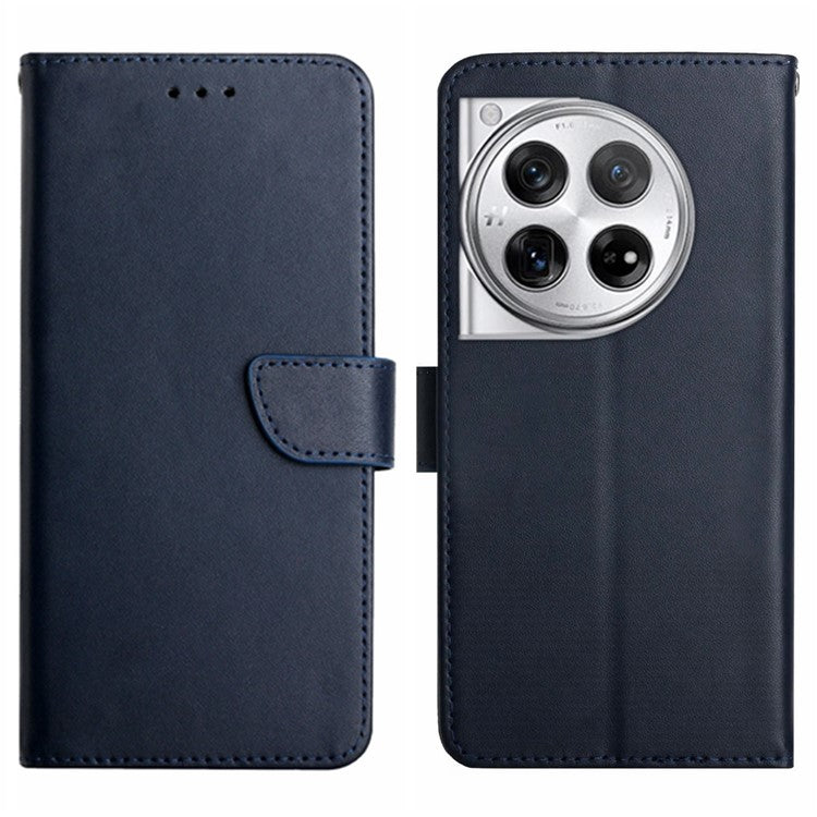 HT02 For OnePlus 12 5G Case Genuine Cow Leather Stand Wallet Cell Phone Cover - Blue