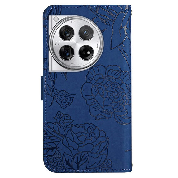 HT03 For OnePlus 12 5G Wallet Phone Case Flower Pattern Leather Cover with Hand Strap - Blue