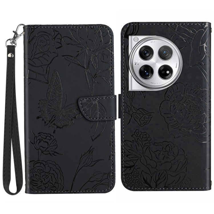 HT03 For OnePlus 12 5G Wallet Phone Case Flower Pattern Leather Cover with Hand Strap - Black