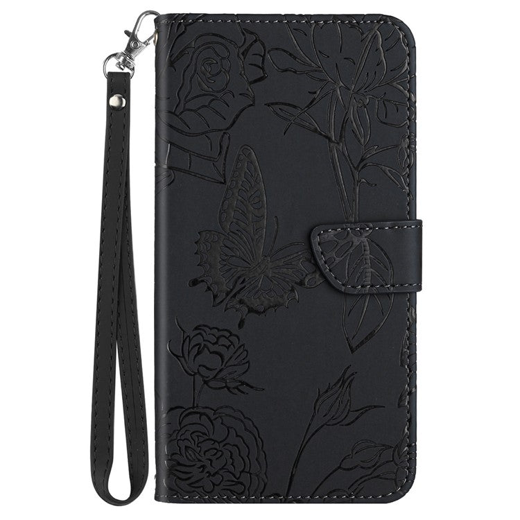 HT03 For OnePlus 12 5G Wallet Phone Case Flower Pattern Leather Cover with Hand Strap - Black