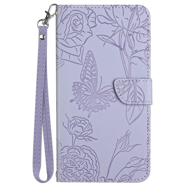 HT03 For OnePlus 12 5G Wallet Phone Case Flower Pattern Leather Cover with Hand Strap - Purple
