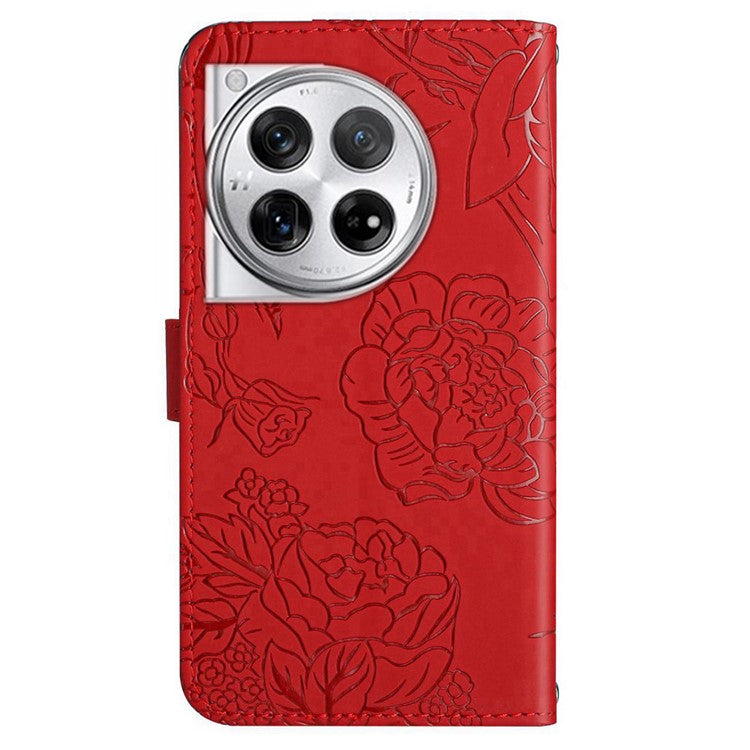 HT03 For OnePlus 12 5G Wallet Phone Case Flower Pattern Leather Cover with Hand Strap - Red