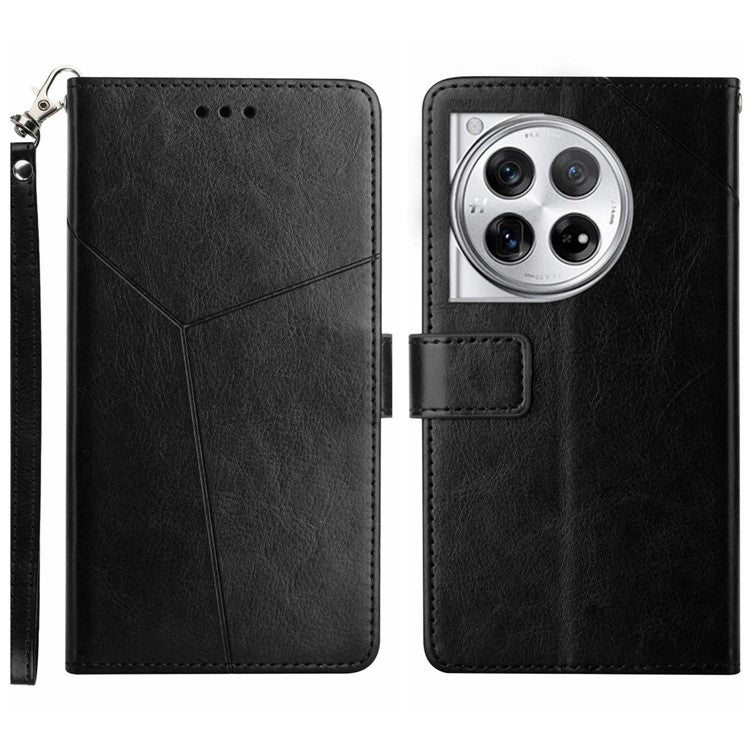 HT01 For OnePlus 12 5G Phone Case Wallet Flip Leather Cover Y-shaped Lines Decor - Black
