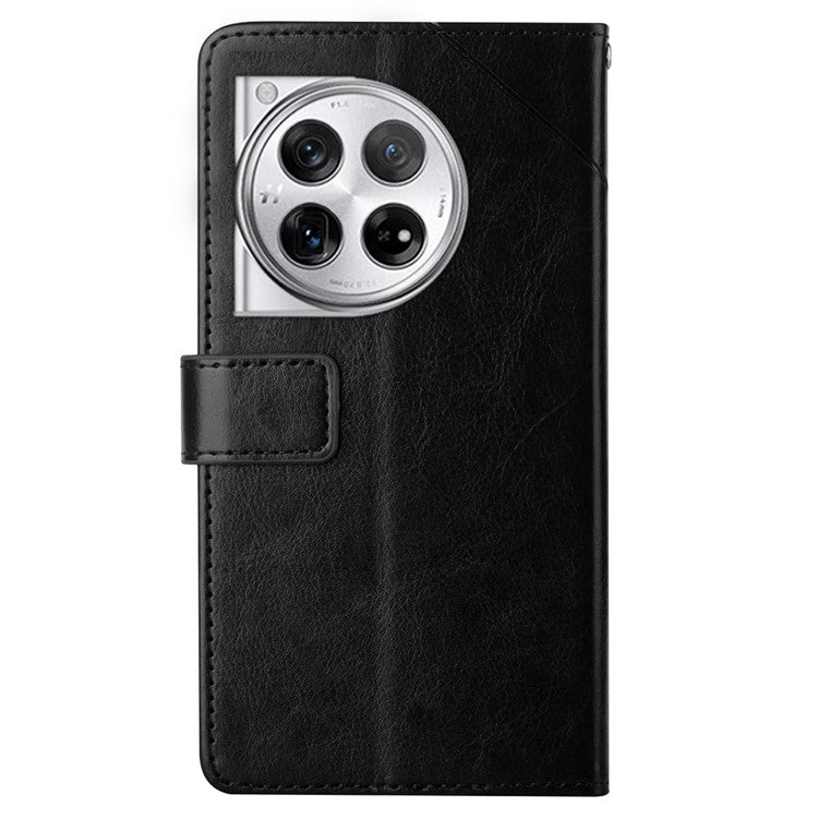 HT01 For OnePlus 12 5G Phone Case Wallet Flip Leather Cover Y-shaped Lines Decor - Black