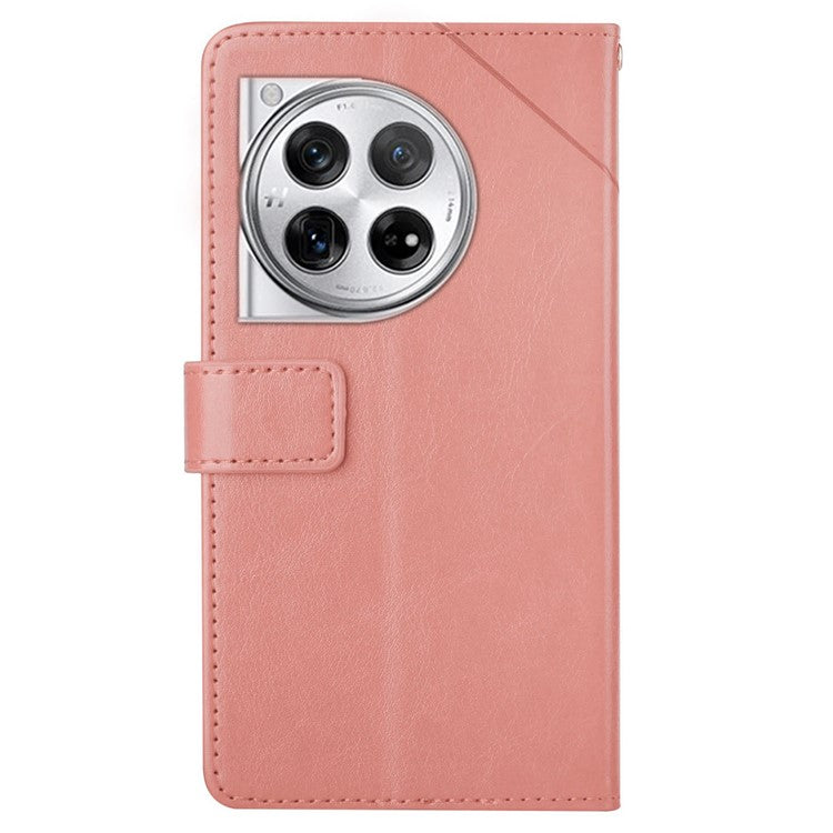HT01 For OnePlus 12 5G Phone Case Wallet Flip Leather Cover Y-shaped Lines Decor - Pink
