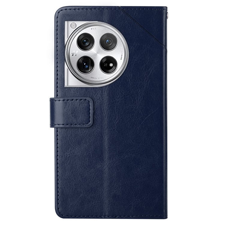 HT01 For OnePlus 12 5G Phone Case Wallet Flip Leather Cover Y-shaped Lines Decor - Blue