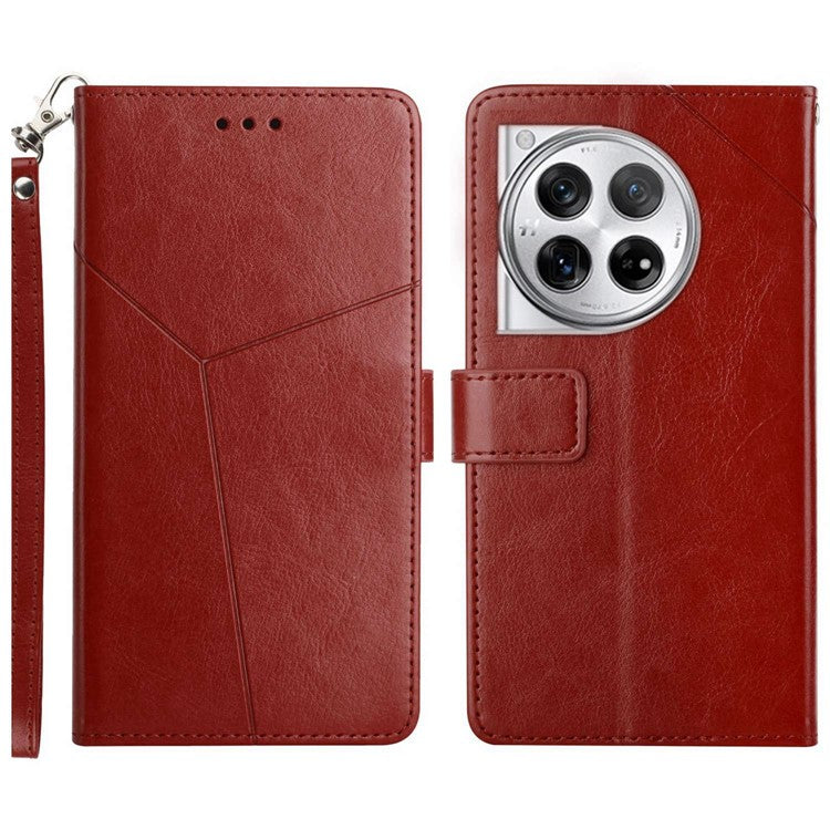 HT01 For OnePlus 12 5G Phone Case Wallet Flip Leather Cover Y-shaped Lines Decor - Brown