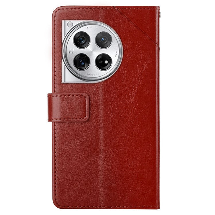 HT01 For OnePlus 12 5G Phone Case Wallet Flip Leather Cover Y-shaped Lines Decor - Brown