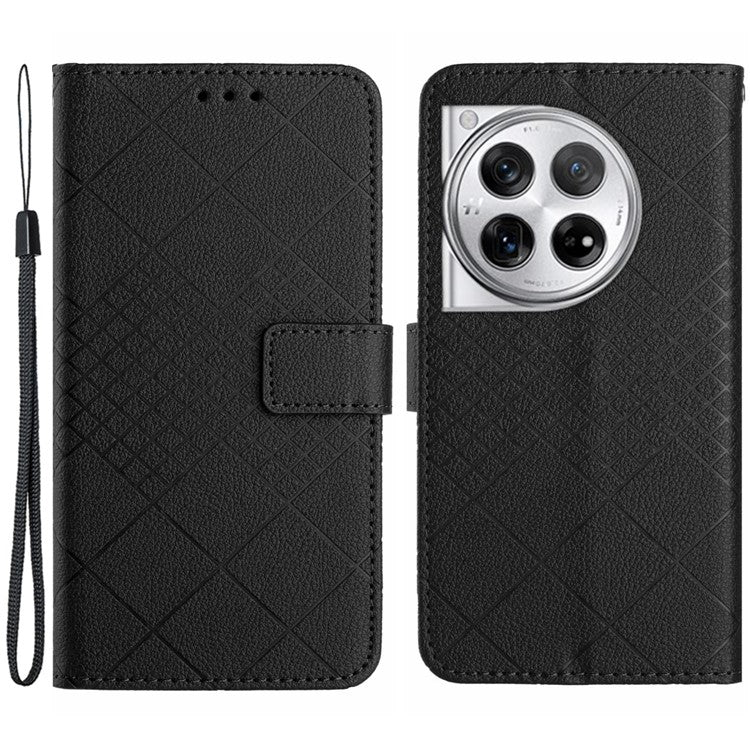 HT06 For OnePlus 12 5G Rhombus Pattern Leather Case Magnetic Clasp Shockproof Phone Cover - Black
