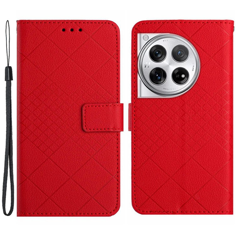 HT06 For OnePlus 12 5G Rhombus Pattern Leather Case Magnetic Clasp Shockproof Phone Cover - Red