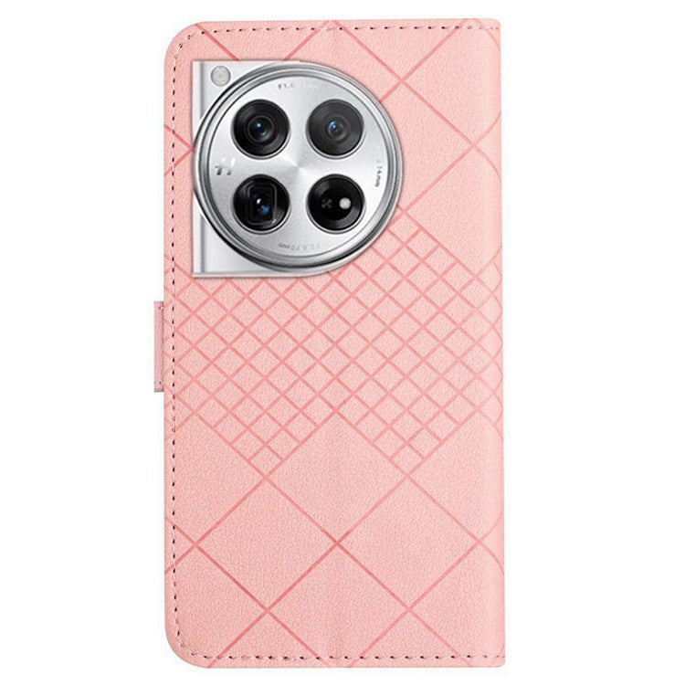 HT06 For OnePlus 12 5G Rhombus Pattern Leather Case Magnetic Clasp Shockproof Phone Cover - Pink