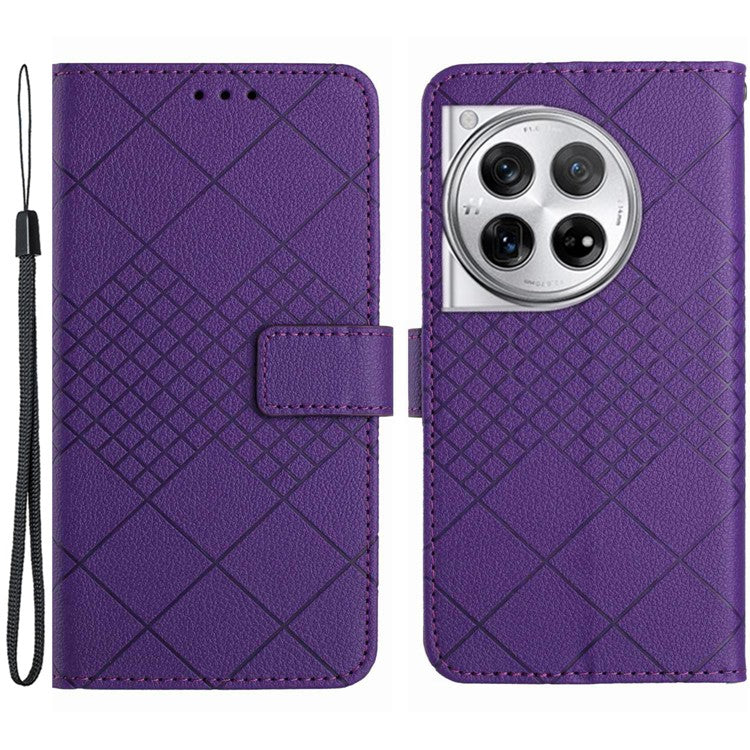 HT06 For OnePlus 12 5G Rhombus Pattern Leather Case Magnetic Clasp Shockproof Phone Cover - Dark Purple