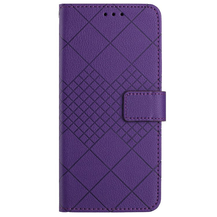 HT06 For OnePlus 12 5G Rhombus Pattern Leather Case Magnetic Clasp Shockproof Phone Cover - Dark Purple