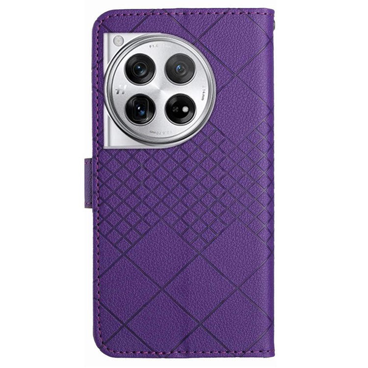 HT06 For OnePlus 12 5G Rhombus Pattern Leather Case Magnetic Clasp Shockproof Phone Cover - Dark Purple