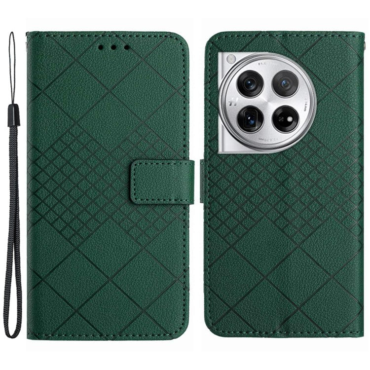 HT06 For OnePlus 12 5G Rhombus Pattern Leather Case Magnetic Clasp Shockproof Phone Cover - Green