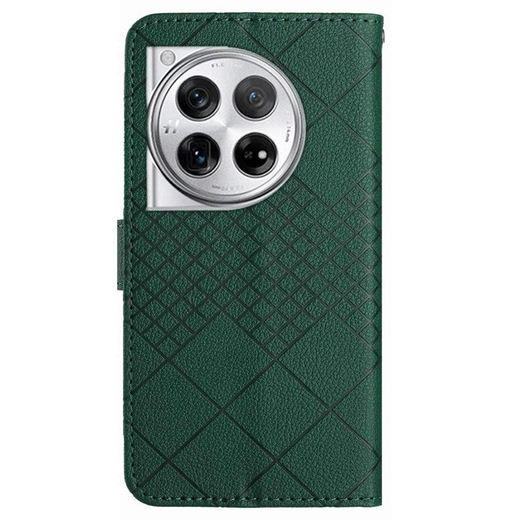 HT06 For OnePlus 12 5G Rhombus Pattern Leather Case Magnetic Clasp Shockproof Phone Cover - Green