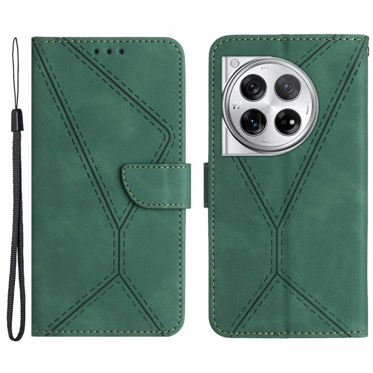 HT05 For OnePlus 12 5G PU Leather Case Line Imprinted Protective Phone Cover - Green