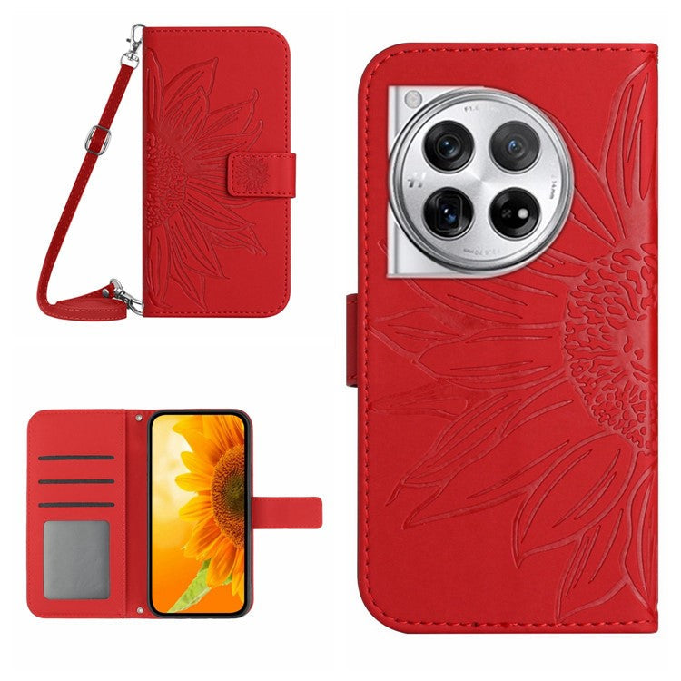 HT04 For OnePlus 12 5G PU Leather Case Sunflower Imprinted Phone Cover with Shoulder Strap - Red