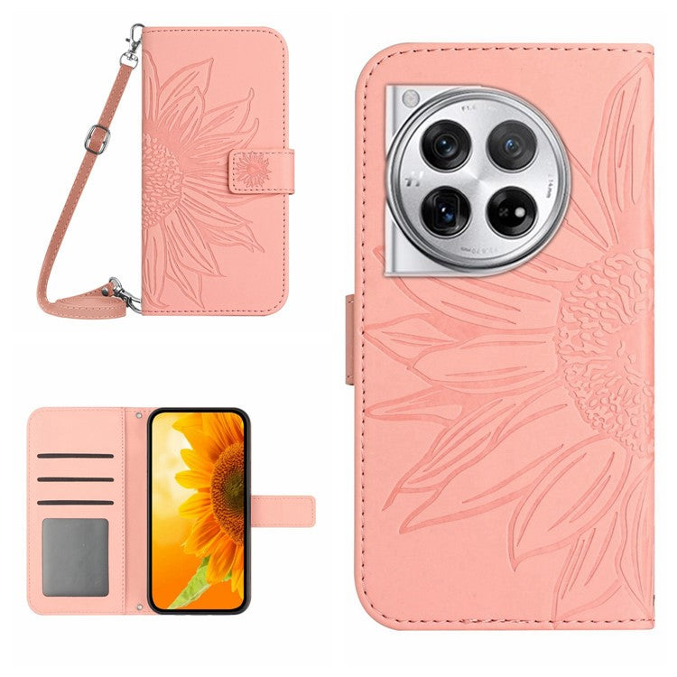 HT04 For OnePlus 12 5G PU Leather Case Sunflower Imprinted Phone Cover with Shoulder Strap - Pink