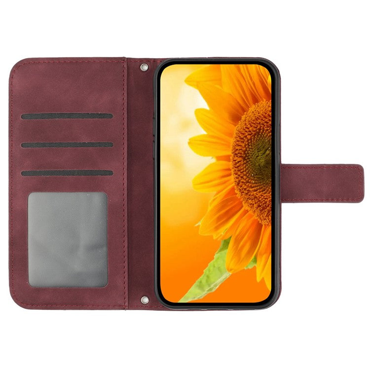 HT04 For OnePlus 12 5G PU Leather Case Sunflower Imprinted Phone Cover with Shoulder Strap - Wine Red