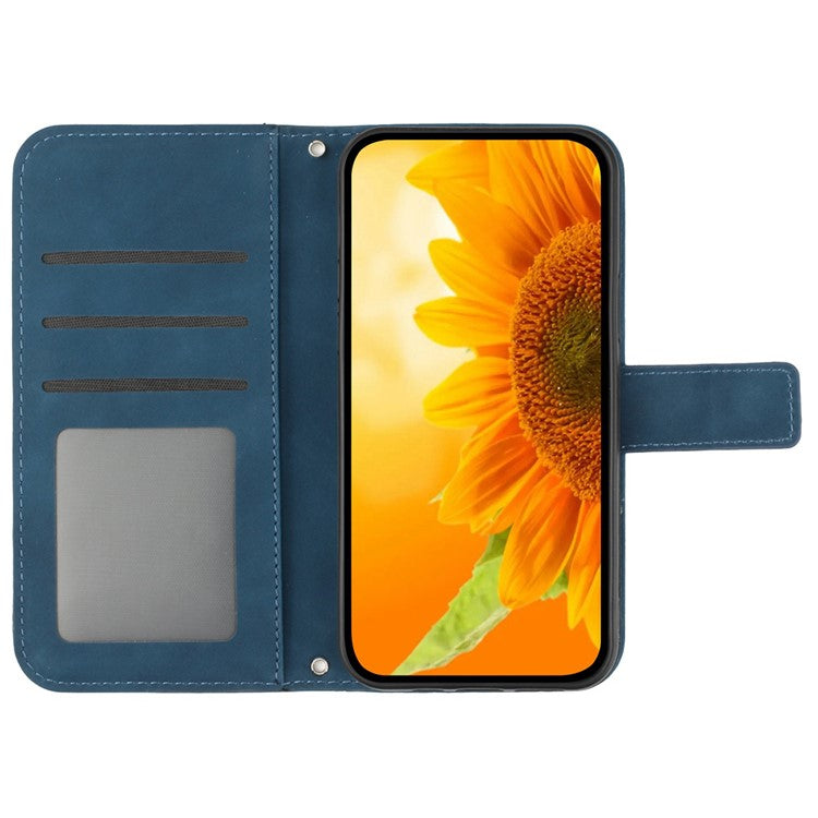 HT04 For OnePlus 12 5G PU Leather Case Sunflower Imprinted Phone Cover with Shoulder Strap - Dark Blue