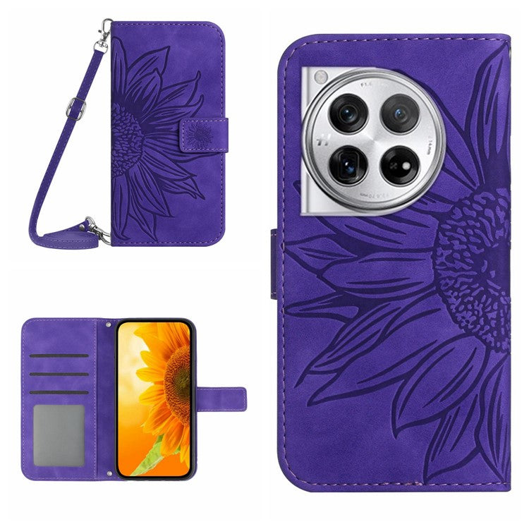 HT04 For OnePlus 12 5G PU Leather Case Sunflower Imprinted Phone Cover with Shoulder Strap - Dark Purple