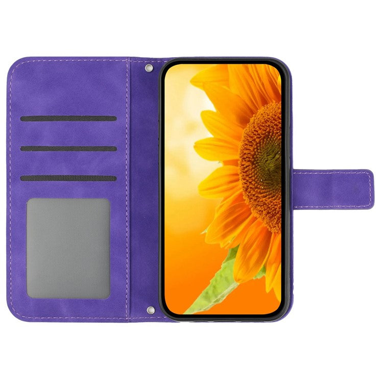 HT04 For OnePlus 12 5G PU Leather Case Sunflower Imprinted Phone Cover with Shoulder Strap - Dark Purple