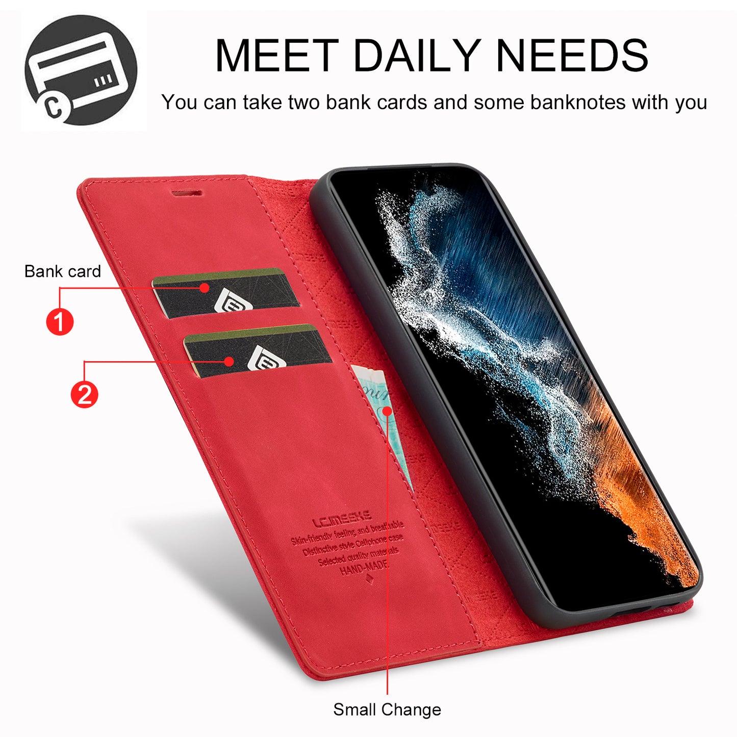LC.IMEEKE For Samsung Galaxy S24 Case Microfiber Leather Folio Stand View Phone Cover - Red