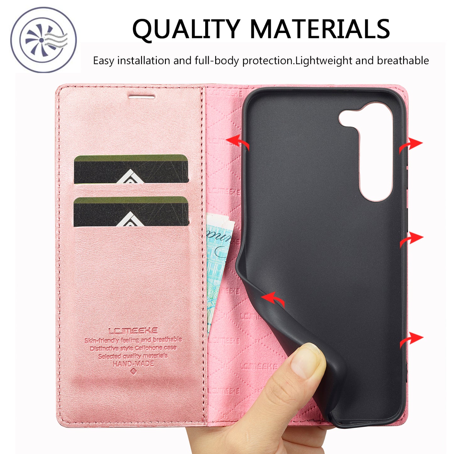 LC.IMEEKE For Samsung Galaxy S24 Case Microfiber Leather Folio Stand View Phone Cover - Rose Gold