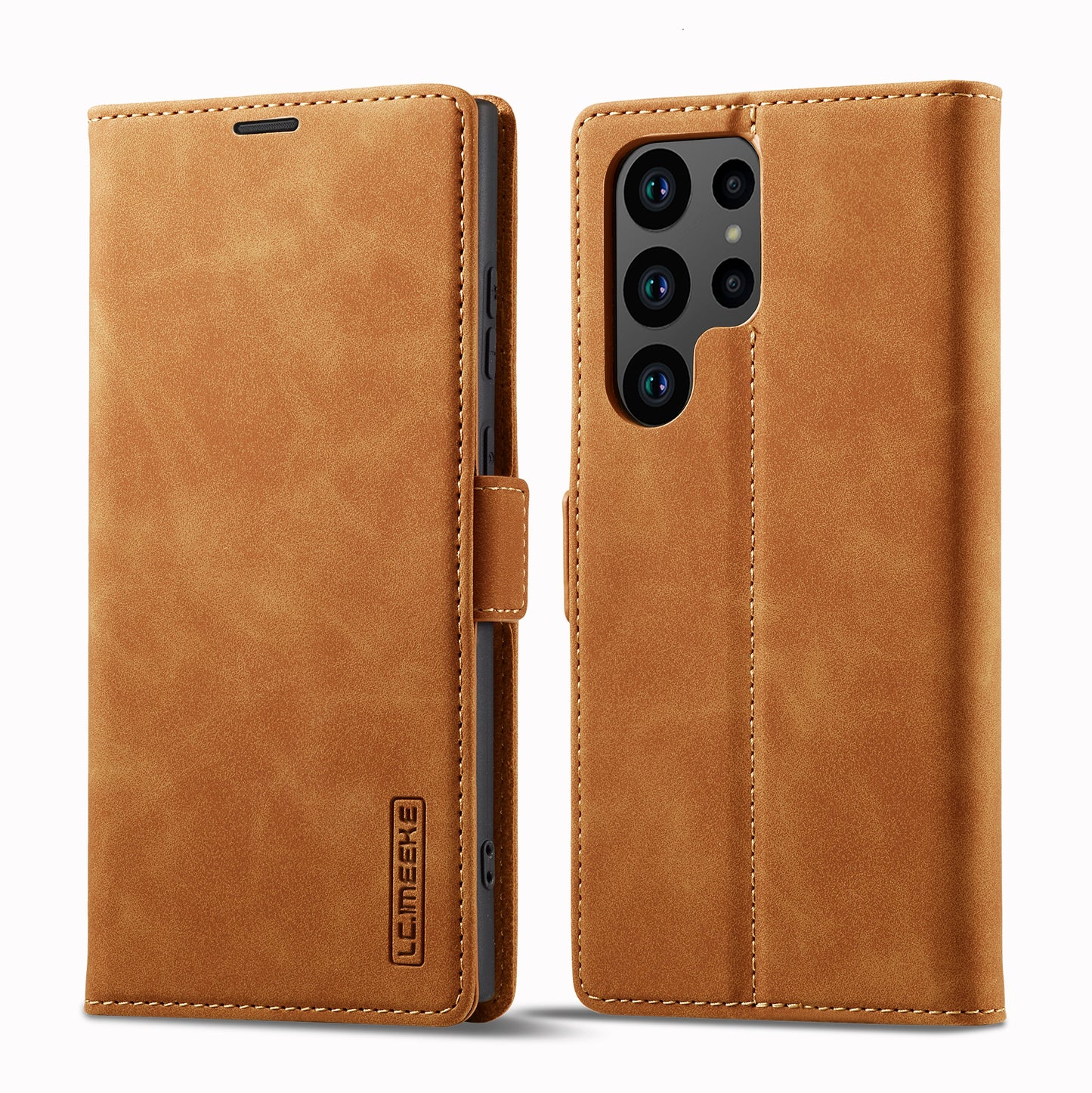 LC.IMEEKE For Samsung Galaxy S24 Ultra Case Magnetic Closure Microfiber Leather Phone Cover - Brown