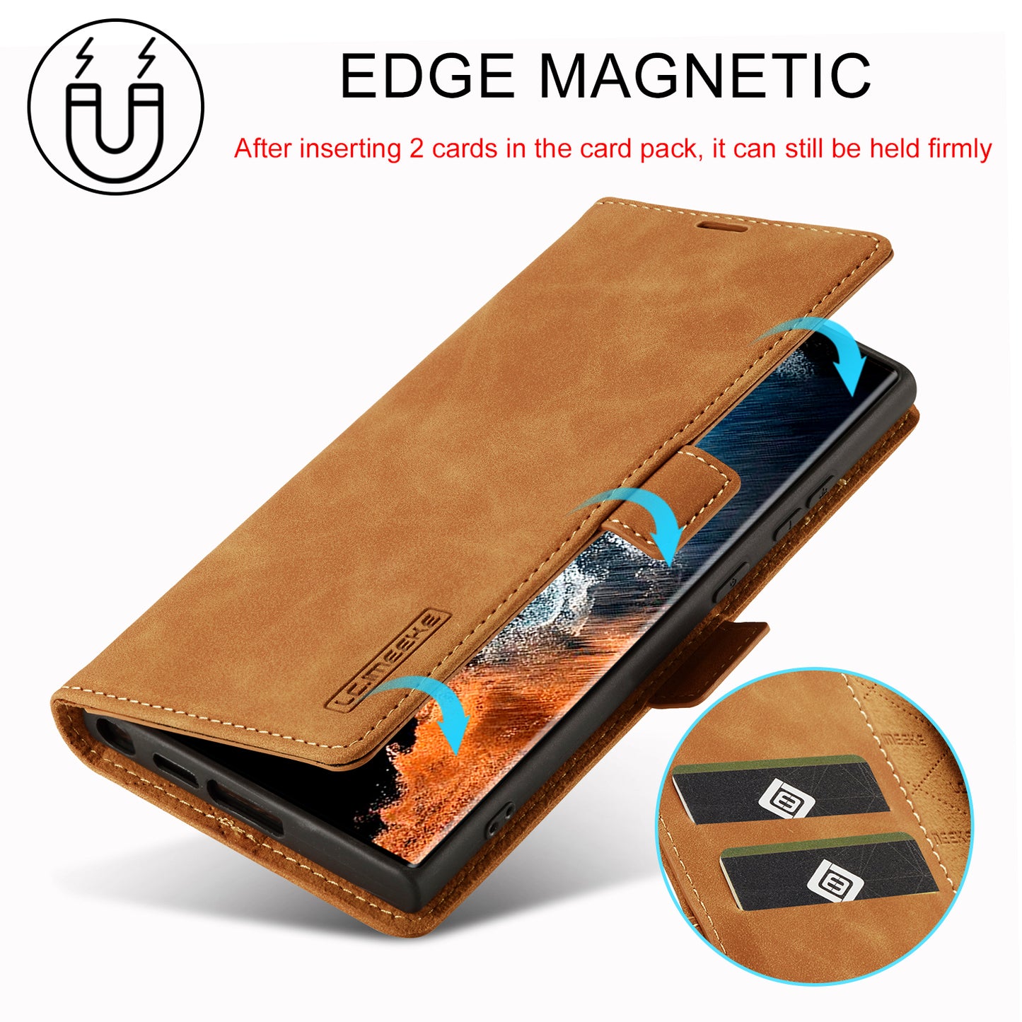 LC.IMEEKE For Samsung Galaxy S24 Ultra Case Magnetic Closure Microfiber Leather Phone Cover - Brown