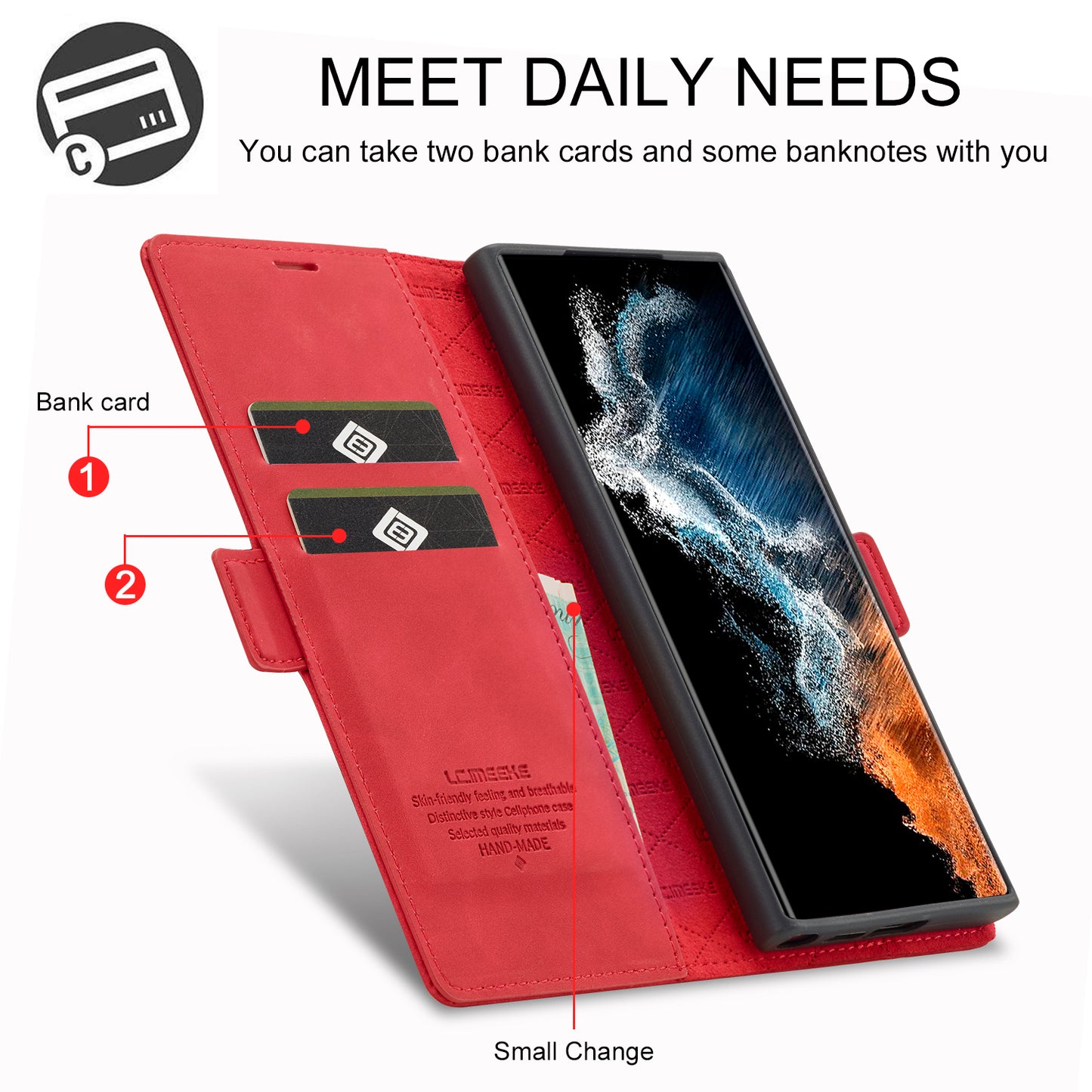 LC.IMEEKE For Samsung Galaxy S24 Ultra Case Magnetic Closure Microfiber Leather Phone Cover - Red