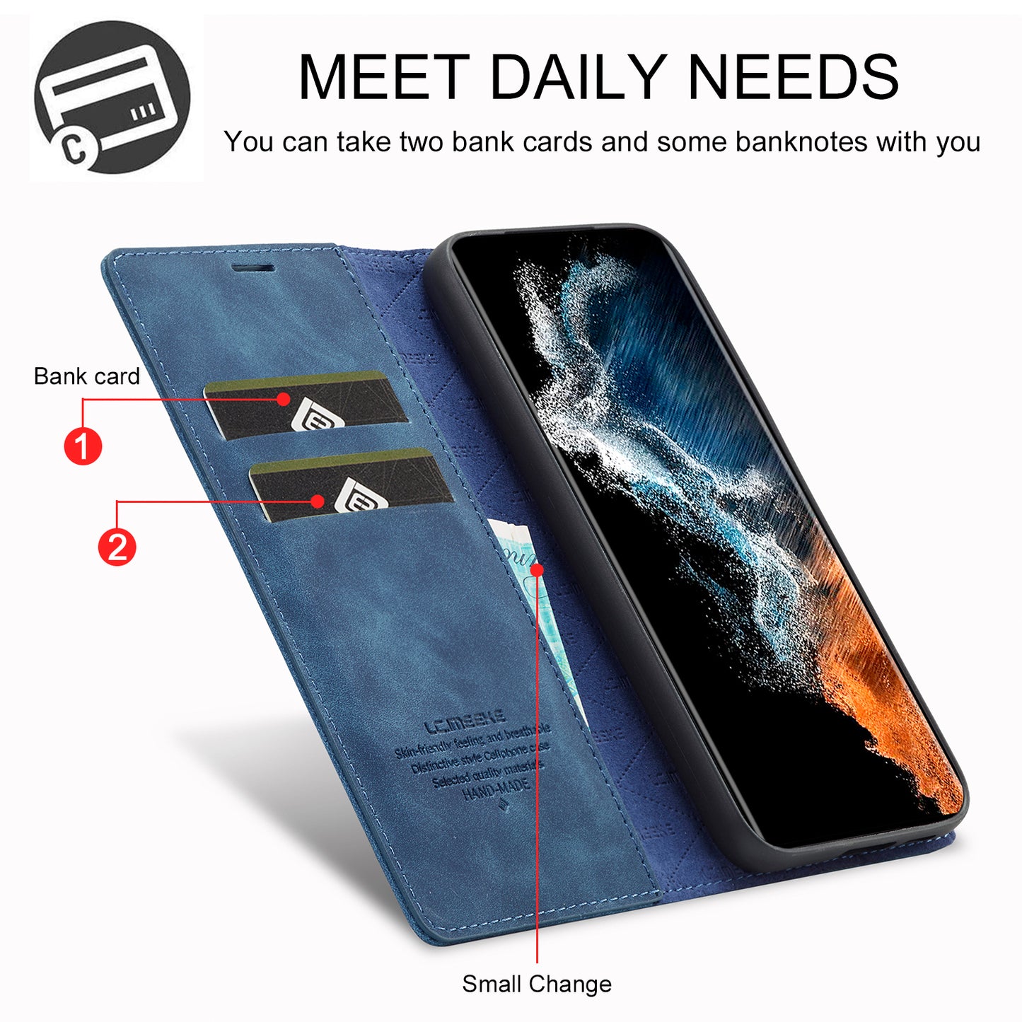 LC.IMEEKE For Samsung Galaxy S24+ Microfiber Leather Case Wallet Phone Cover Viewing Stand - Blue