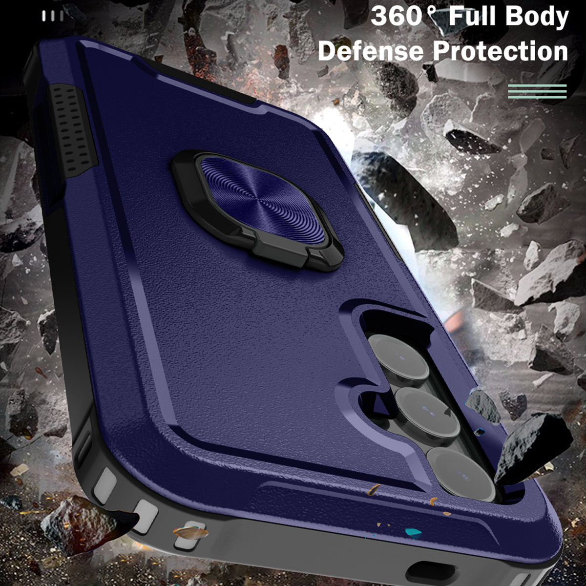 For Samsung Galaxy S24 Cell Phone Case PC+Silicone Rotary Ring Kickstand Back Cover - Navy Blue