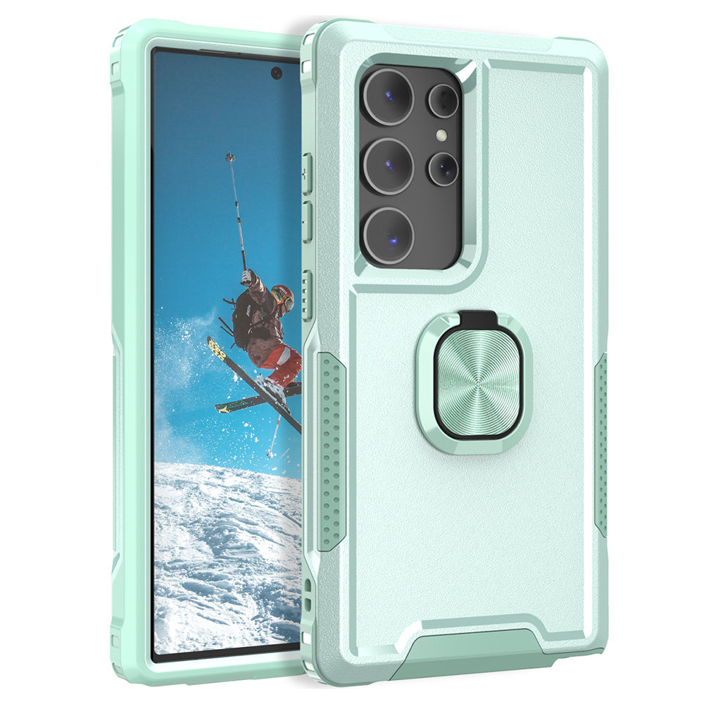 For Samsung Galaxy S24 Ultra Case Shockproof PC+Silicone Phone Cover with Rotary Ring Kickstand - Green