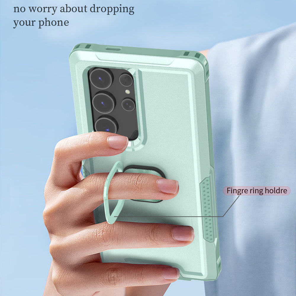 For Samsung Galaxy S24 Ultra Case Shockproof PC+Silicone Phone Cover with Rotary Ring Kickstand - Green