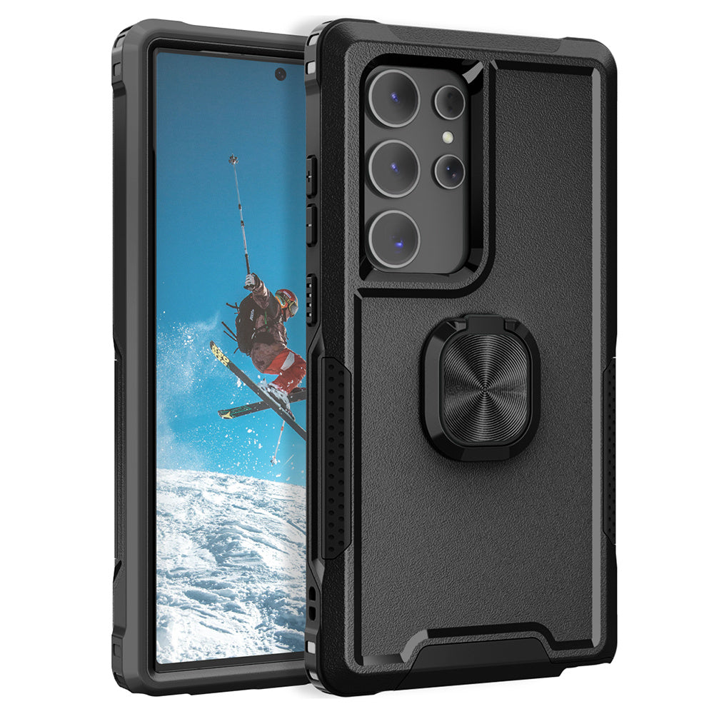 For Samsung Galaxy S24 Ultra Case Shockproof PC+Silicone Phone Cover with Rotary Ring Kickstand - Black