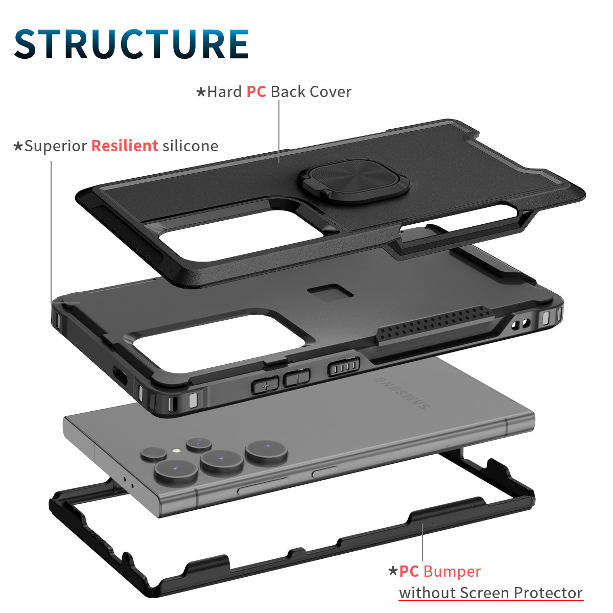 For Samsung Galaxy S24 Ultra Case Shockproof PC+Silicone Phone Cover with Rotary Ring Kickstand - Black