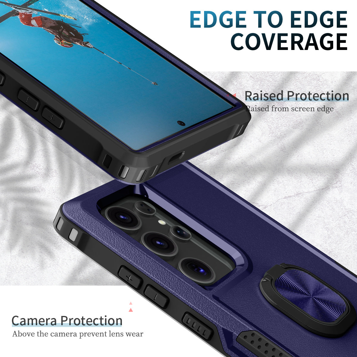 For Samsung Galaxy S24 Ultra Case Shockproof PC+Silicone Phone Cover with Rotary Ring Kickstand - Navy Blue